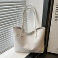 White woven texture tote bag with long handles and silver rivets for modern women - White
