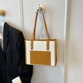 Large capacity tote bag with white checkered texture and caramel brown contrast handles - Brown