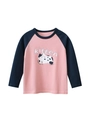 Maglietta rosa a maniche lunghe raglan per bambine in cotone con stampa di gattino - 90cm / Rosa/Blu Nobile