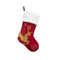 Detail einer roten Samt-Weihnachtssocke mit goldenem Rentier aus Pailletten und Plüsch - Goldener Elch
