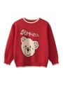 Red knit sweater for girls featuring a cartoon bear and cream-colored contrast edges - 90 / Dark Red