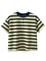 Kids short sleeve striped T-shirt in dark green and cream with navy blue crew neck - 120 / Green & Beige Stripes (Loose Fit)