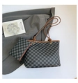 Two-piece large tote bag and pouch set with grey checkerboard pattern and brown straps - Black