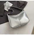 Detail of silver metallic hobo bag with glossy finish and adjustable shoulder strap - Silver