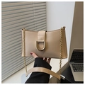 Detail of beige shoulder bag with gold U-shaped metal clasp and chain strap - Khaki
