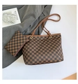 Detailed top view of retro checkered tote bag set with matching pouch on elegant background - Coffee