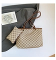 Retro two-piece tote bag set featuring brown geometric pattern and matching small clutch - Dark Khaki