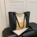 Bolso tote grande de moda con diseño de bloques de color negro y beige - Caqui