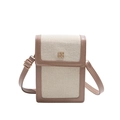 Vertical canvas and leather phone bag with contrast stitching and floral metal charm - Khaki (No Pendant)