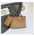 Two-piece large brown checkered tote bag with matching inner pouch and knotted straps - Brown