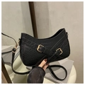 Fashionable black crocodile texture shoulder bag with gold metal buckles for women - Black