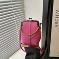 Retro rose pink denim crossbody bag with vintage metal kiss-lock and brown top handle - Rose Red