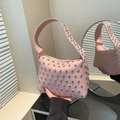 Pink lychee leather shoulder bag with silver studs and punk style design for women - Pink