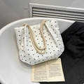 Bolso tote de seersucker blanco con mini lazos negros y asas de cuerda de algodón - Blanco