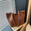 Minimalist brown PU leather tote bag with long handles for daily commuting - Brown