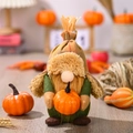 Fall harvest gnome plush in green burlap coat holding a small orange pumpkin - Male Model With Pumpkin