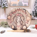 Siberian shaman drum with Native American woman art and a matching wooden mallet - Indian Figure Style