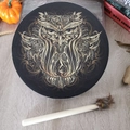 Handmade shamanic tree of life drum with golden owl totem and fur-tipped mallet - Owl Style