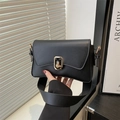 Black matte leather crossbody bag with vintage gold clasp and wide shoulder strap - Black