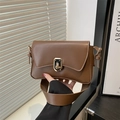 Brown square crossbody bag with wide shoulder strap and gold metallic buckle closure - Brown