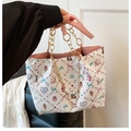 Borsa tote bianca con stampa cartoon, manici rosa e tracolla con perle - Rosa