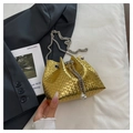 Metallic gold woven bucket bag with silver chain strap and decorative pearl drawstrings - Gold