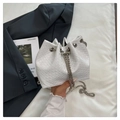 White woven texture mini bucket bag with silver chain drawstring for women's daily fashion - White