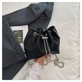 Black woven bucket bag with silver chain strap and metallic drawstring detail - Black
