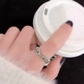 Silver chain style open ring with micro-set white zircon stones for a luxury look - Coin Ring Style / White Gold