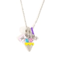 Close-up of titanium necklace with enamel charms, colorful zircons, and heart-shaped pendant - Ice Cream Heart / Silver
