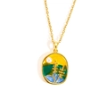 Oval enamel necklace pendant with sunset landscape design and white pearl accent - Oil Painting Wheat-Gold 0241