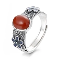 Vintage begonia flower ring with red agate and blue enamel in an open silver design - Adjustable Open / Red Stone Flower Ring