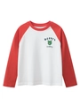 Kids long sleeve raglan T-shirt in red and white with cartoon bear print - Off White/Rusty Red (Loose Fit) / 120cm