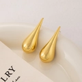 Elegant gold teardrop earrings with a polished finish displayed on a white ceramic plate - Gold