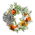 Autumn wreath with white cotton balls, pumpkins and a black white buffalo plaid bow - Harvest Season Cotton Pumpkin Wreath