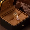 Golden titanium steel necklace with colorful zircon flower pendant and white pearl charm - Purple Zirconia Flower Necklace - Gold