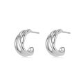 Detailed view of silver C-shaped double-layer hoop earrings with polished mirror finish - Silver