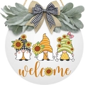 Targa di benvenuto rustica con gnomi girasole e fiocco decorativo in juta - Ghirlanda in Lavagna Bianca Gnomo 30cm / Bianco