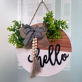 Panneau de porte rond en bois avec texte Hello et nœud à carreaux noir et blanc - Style Assemblage Brun Et Blanc (Brun-Blanc-Hello)