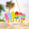 Summer wooden popsicle door sign with colorful patterns and rustic rope hanger on the beach - Summer Ice Pop Style