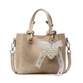 Elegant beige pleated leather handbag with lace bow and pearl heart charm accessory - Khaki