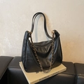 Minimalist black hobo shoulder bag with textured PU leather and golden chain detail - Large / Black
