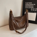 Minimalist vintage dark brown tote bag with retro leather texture and golden chain strap - Large / Brown