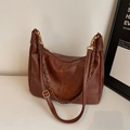 Minimalist brown PU leather hobo bag with vintage texture and bronze chain strap - Large / Brown