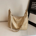 Beige faux leather shoulder bag with vintage crinkled texture and gold chain strap - Large / White