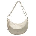 Minimalistische beige Halbmond-Umhängetasche aus Softleder mit schickem Metall-Logo - Gebrochenes Weiß