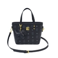 Vintage black bucket bag with grey logo monogram print and golden metal plaque - With Pendant / Black