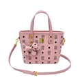 Pink monogram bucket bag with bear print, top handle, and adjustable shoulder strap - With Pendant / Pink