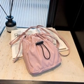 Chic pink nylon drawstring bucket bag with black spring buckles and dual handles - 19.5*15.5*5cm / Pink