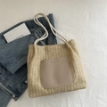 Sac fourre-tout tissé beige avec poche frontale en cuir kaki et anses en corde double - Kaki